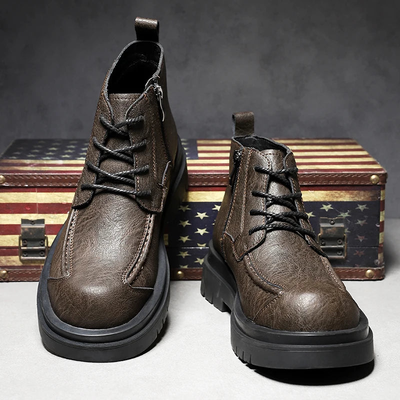 Ansoff genuine leather men's workwear boots with thick platform sole, side zipper, casual and outdoor height-increasing footwear.