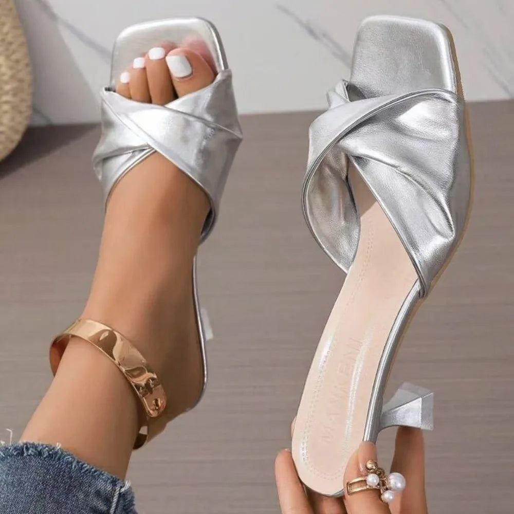 Ansoff women's handmade summer high heels with open square toe design, outdoor wedding and party fashion slippers.