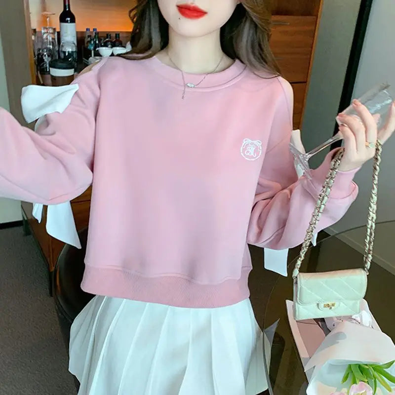 Off The Shoulder Sweatshirt For Women Harajuku Fashion Youthful Clothes Sport Essential New In Basic Blue Woman Pullover Tops - Acros