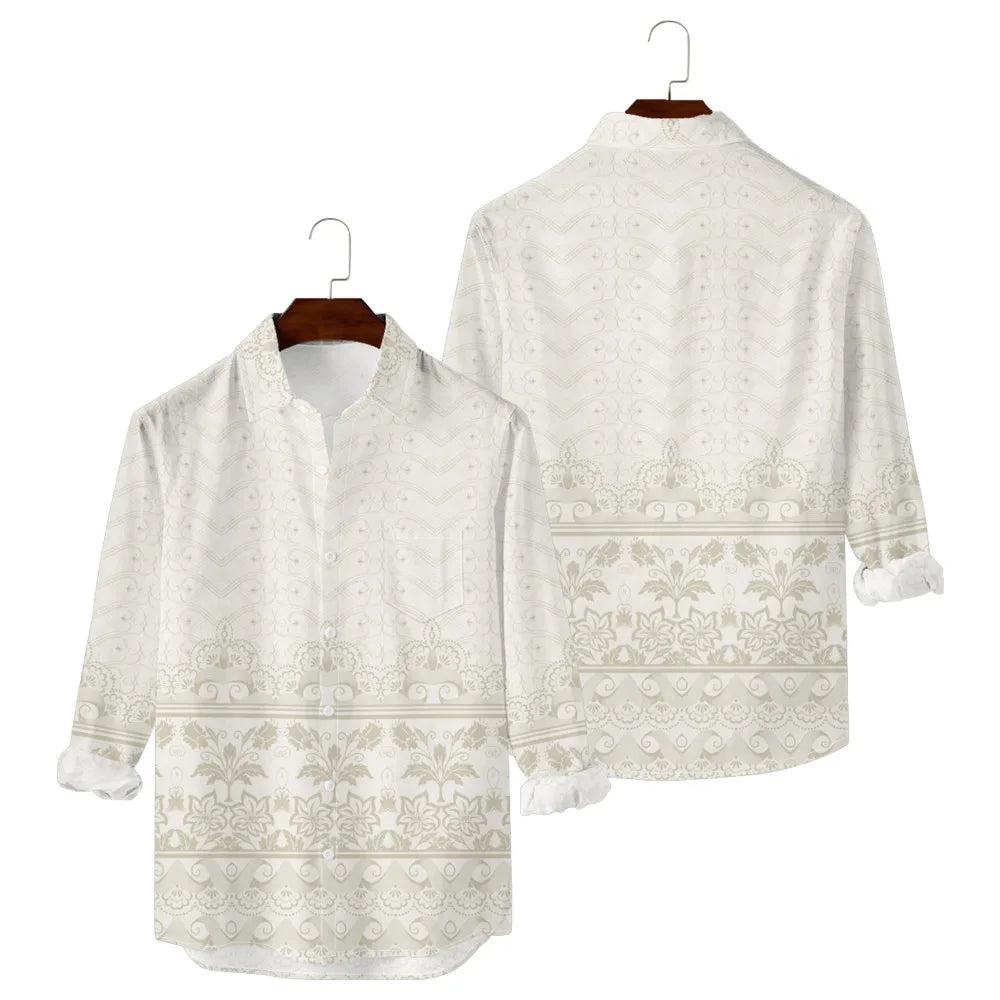 Men's Hawaiian button-up shirt by Ansoff with retro floral print, long sleeves, perfect for casual, resort, or travel wear.