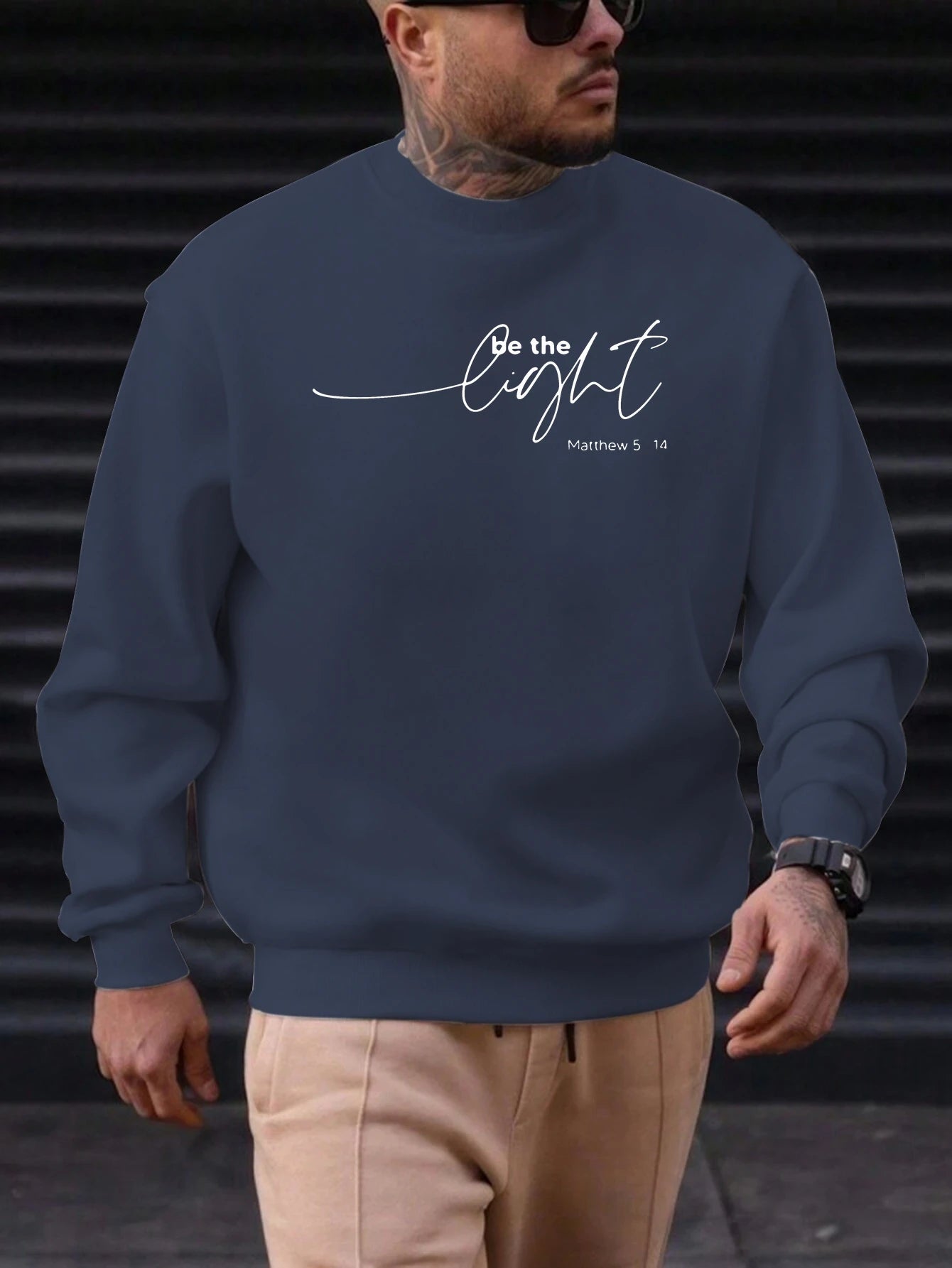 Men's Sweatshirt 2025 New Arrival Minimalist Cozy Relaxed Fit Elegant Calligraphy “Be the Light” Matthew 5:14 Quote Top - Acros