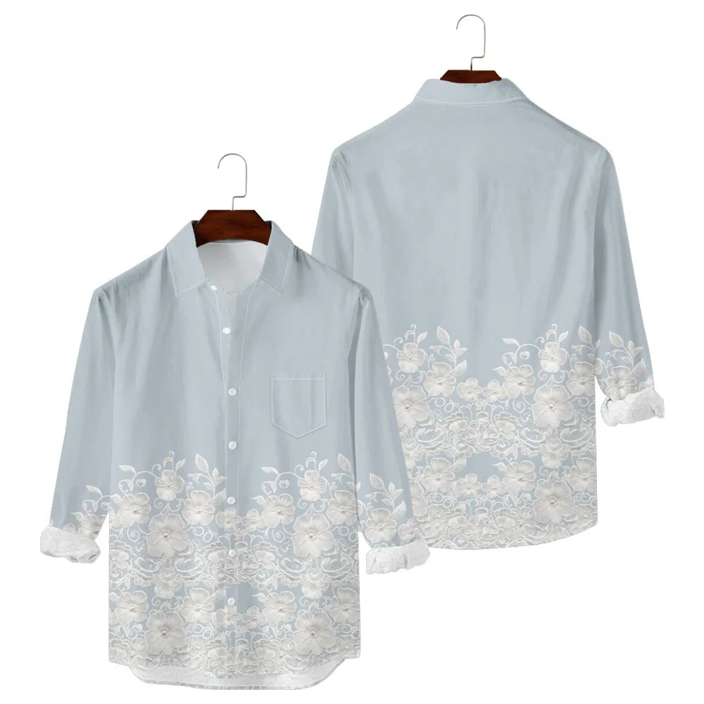 Ansoff Hawaiian button-up shirt with retro floral print, full sleeves, casual streetwear style, suitable for resort and travel wear.