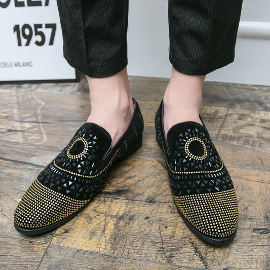 Ansoff men's pointed casual leather slip-on shoes with rhinestone accents, breathable design, suitable for fashion and nightclub wear.