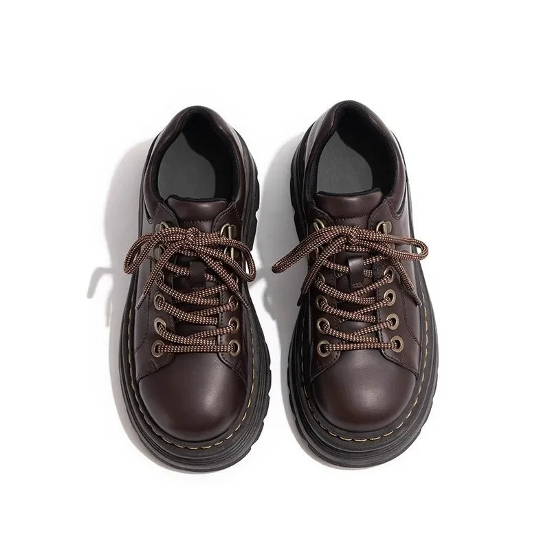 Women's Derby shoes by Ansoff featuring British style, fur lining, round toe, platform loafers, leather casual footwear.