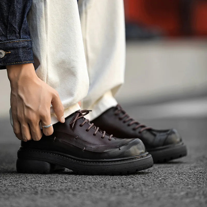 Brown and black men's fashion oxford shoes by Ansoff with thick 2.5cm sole, stylish business footwear, size 45.