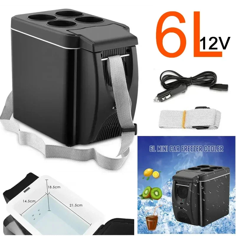 Ansoff portable 6L mini car refrigerator with thermoelectric cooling, showing compact design and power cord for fruits and beverages.
