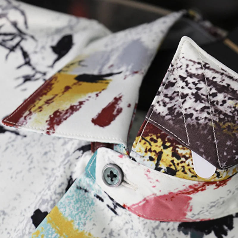 Ansoff 2025 silk men’s graffiti print long sleeve casual shirt with slim fit, suitable for streetwear, nightlife, and stage performances.