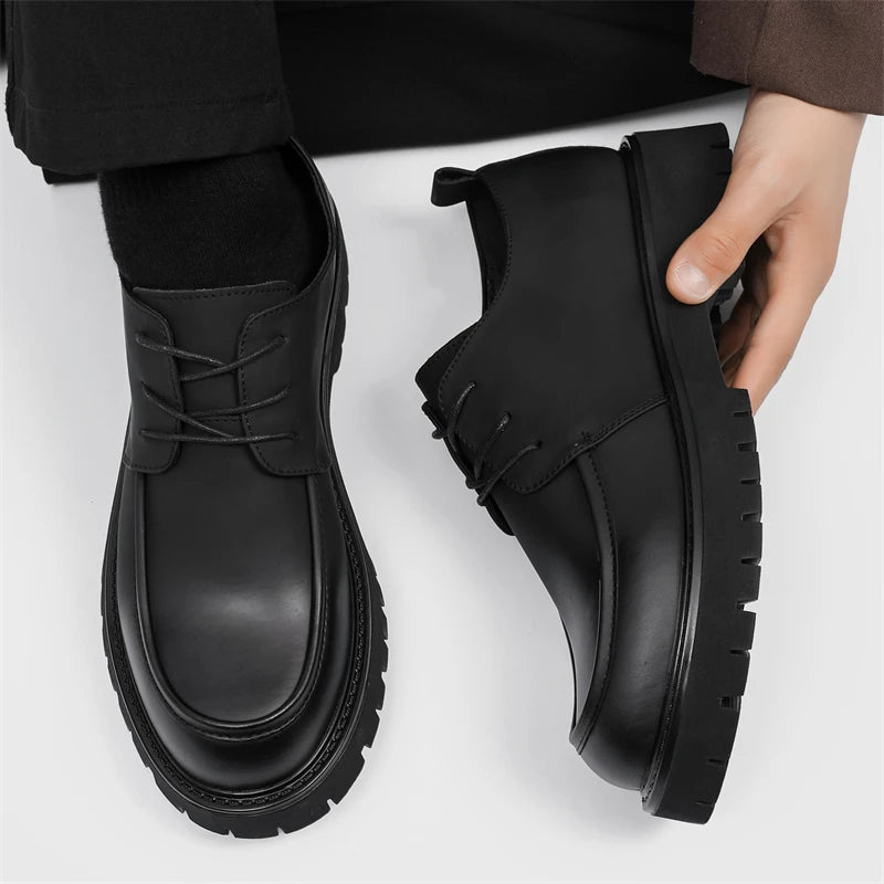 Men's black casual dress shoes by Ansoff with large toe, thick platform sole, patent leather finish, suitable for outdoor business wear