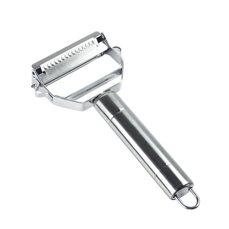 Ansoff stainless steel double-head vegetable peeler with ergonomic handle for peeling fruits and vegetables in the kitchen.