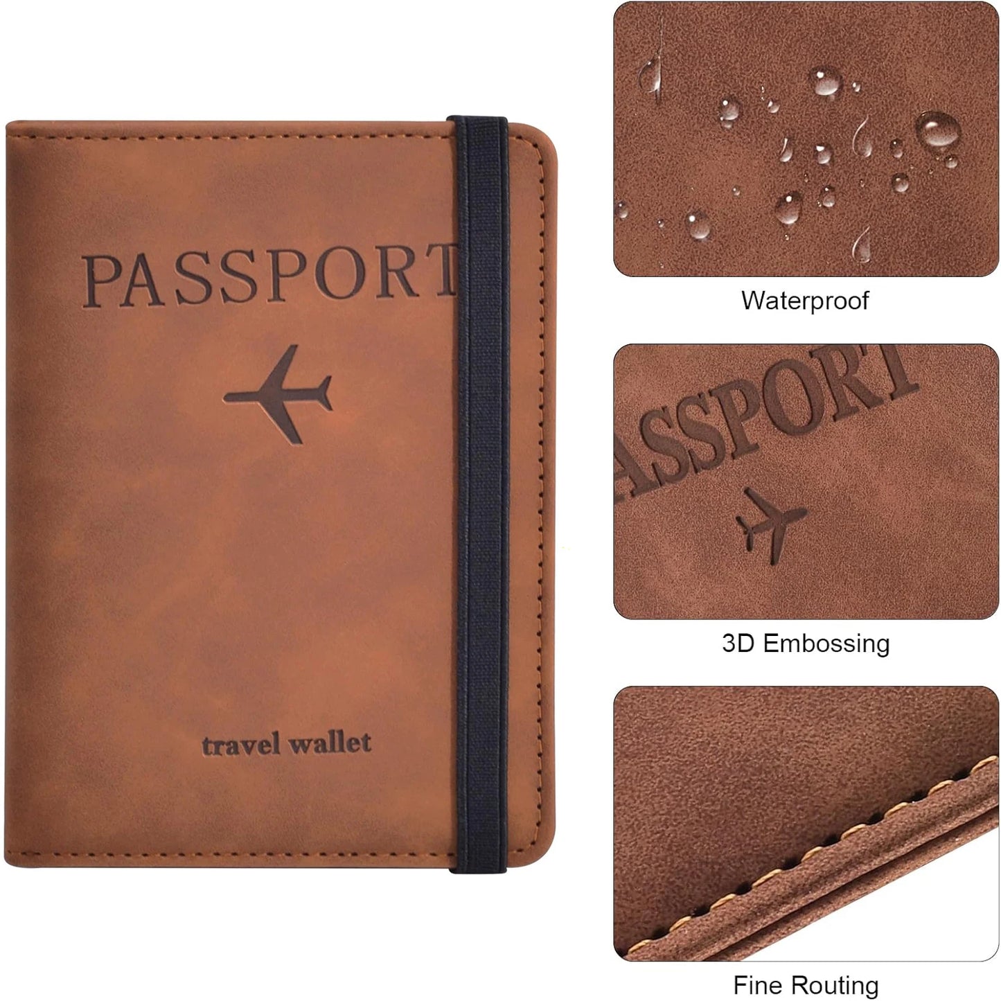 Ansoff passport holder wallet for travel, black leather case with multiple card slots and a secure cover for women and men.
