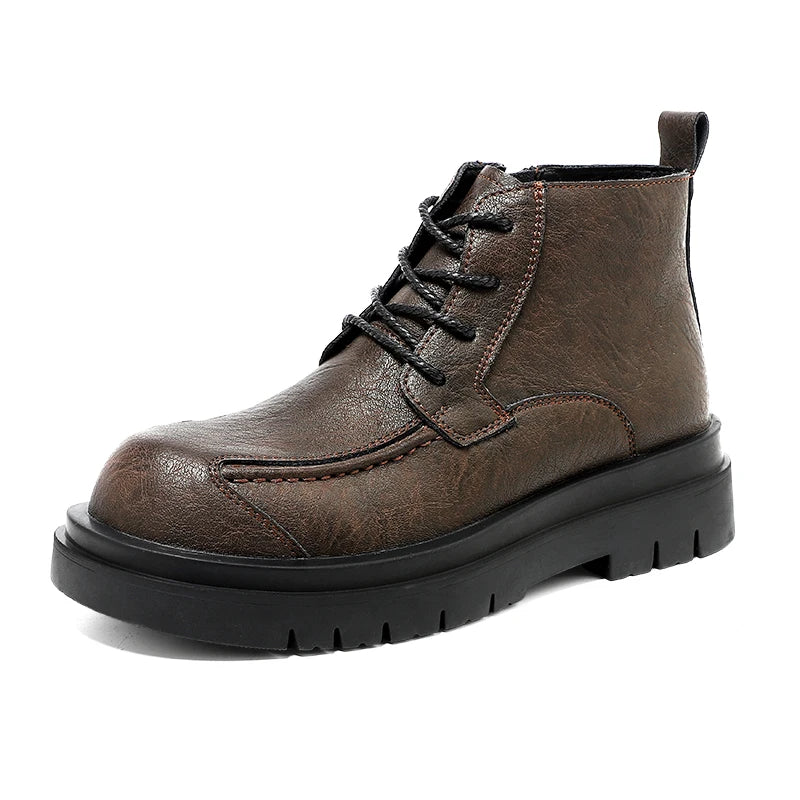 Ansoff genuine leather men's workwear boots with thick platform sole, side zipper, casual and outdoor height-increasing footwear.