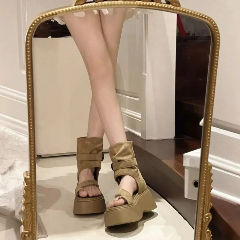 Ansoff fashionable women's platform boots with chunky heel, Roman style, summer 2026 trend, short heeled sandals, stylish footwear