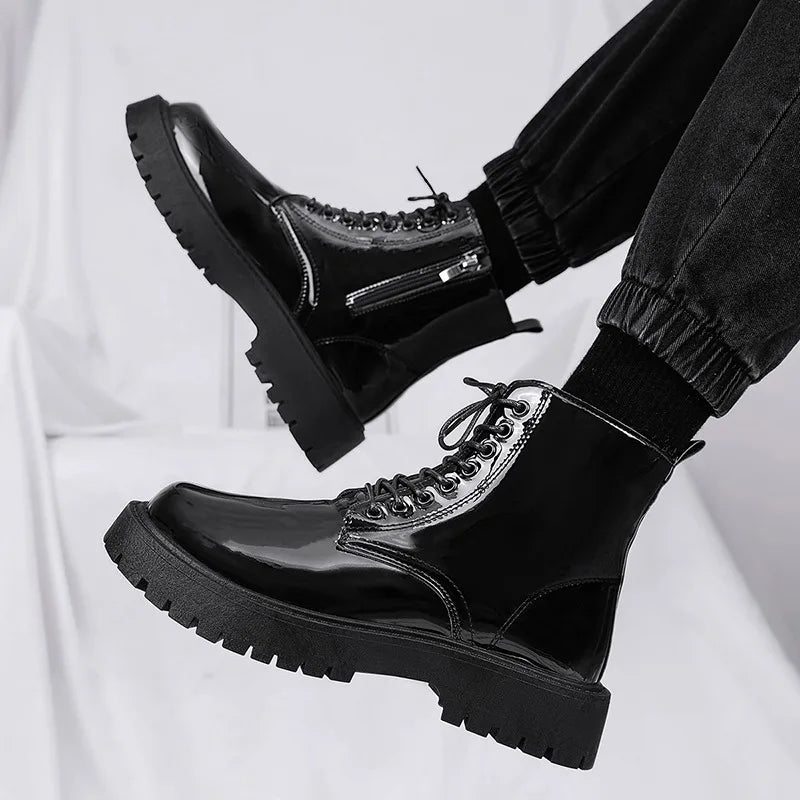 Black leather men's winter high top platform motorcycle boots with lace-up design, British style, casual and light fashion by Ansoff