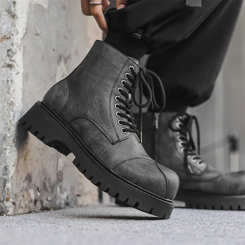 Ansoff British style men's motorcycle boots with lace-up leather design, large toe cowboy platform, rugged desert-inspired shoes