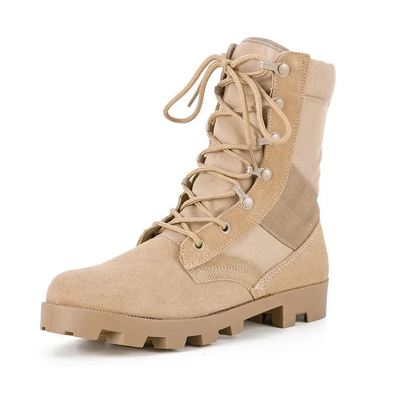 Ansoff men's high top military combat boots with rugged design, desert camouflage, and anti-slip soles for outdoor hiking and tactical use.