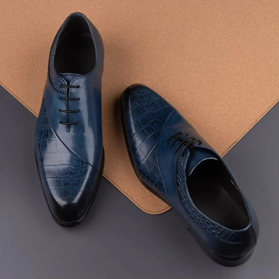 Men's blue handmade Oxford shoes by Ansoff, featuring top-layer cowhide leather, classic retro design, suitable for business and wedding wear.
