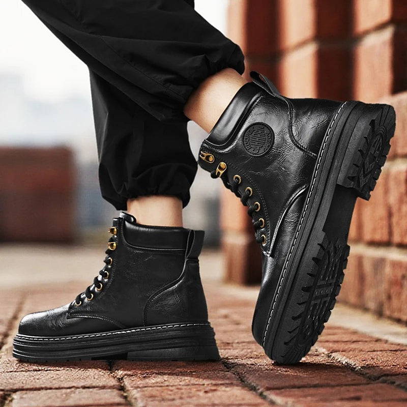 Ansoff 2026 high-top work and motorcycle boots with thick soles, casual leather design, British style for versatile wear