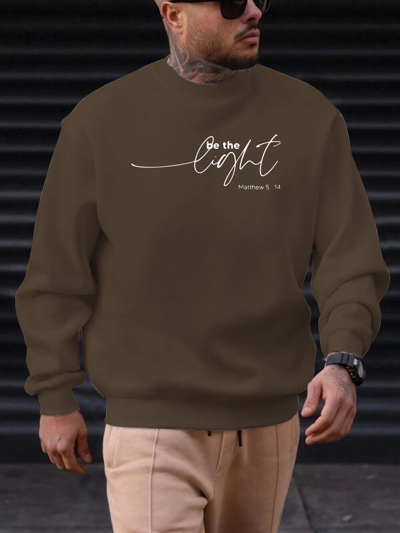 Men's Sweatshirt 2025 New Arrival Minimalist Cozy Relaxed Fit Elegant Calligraphy “Be the Light” Matthew 5:14 Quote Top - Acros
