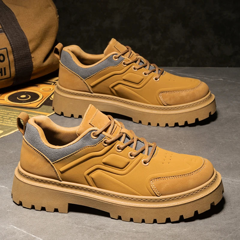 Ansoff men's autumn fashion work boots with chunky anti-slip thick soles, durable yellow combat boots, and height increase feature