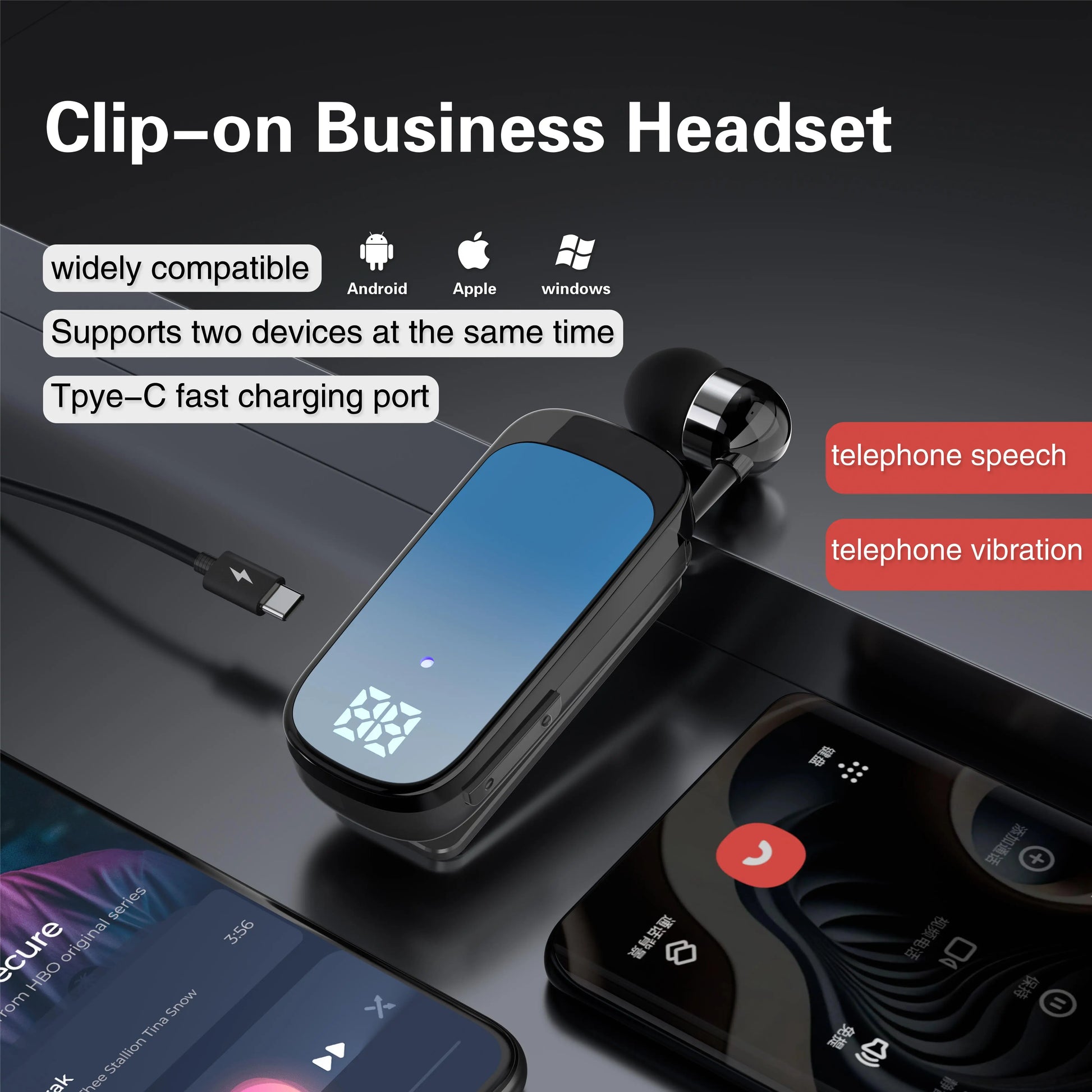 Ansoff K65 Lavalier Bluetooth 5.2 wireless headset with LED display, noise cancelling earphones, suitable for talk and music.