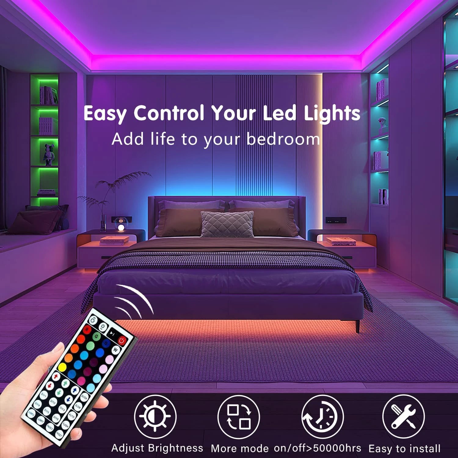 Ansoff LED strip lights with remote control in 1m, 5m, 10m, 20m lengths, RGB color tape for home, bedroom, and party decor.