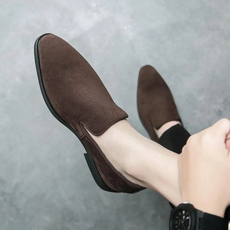 Men's Shoes Suede Leather Shoes Fashion Business Office Dress Shoes Brown Slip on Casual Shoe Red Sole Pointed Toe Male Loafers - Acros