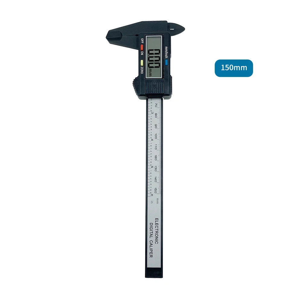Ansoff digital caliper with carbon fiber body, 150mm and 100mm measurement range, featuring a digital display and vernier scale.