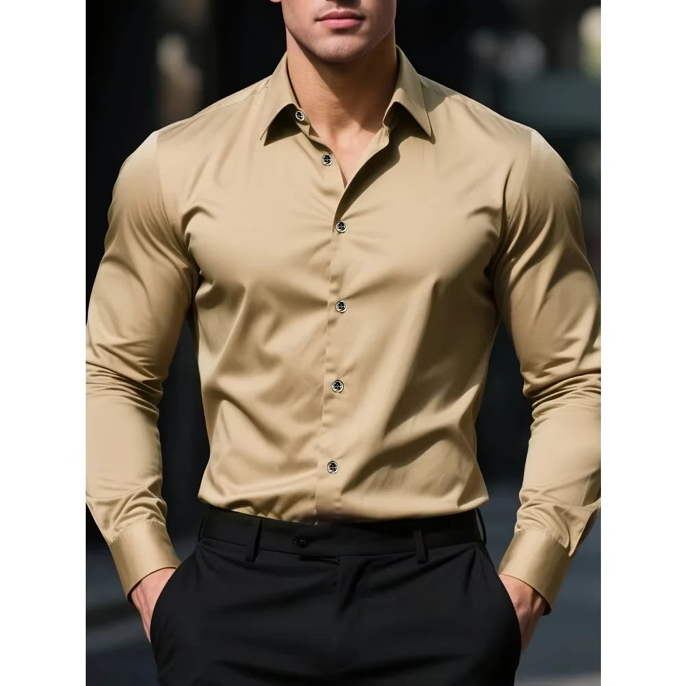 Ansoff men's long sleeve solid color business shirt with elastic fabric, suitable for smart casual and four-season wear.