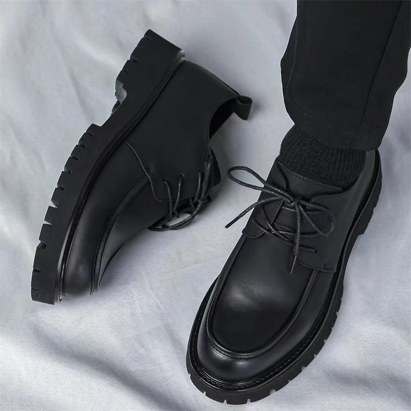 Men's black casual platform dress shoes by Ansoff with thick soles, patent leather finish, suitable for business or outdoor wear.