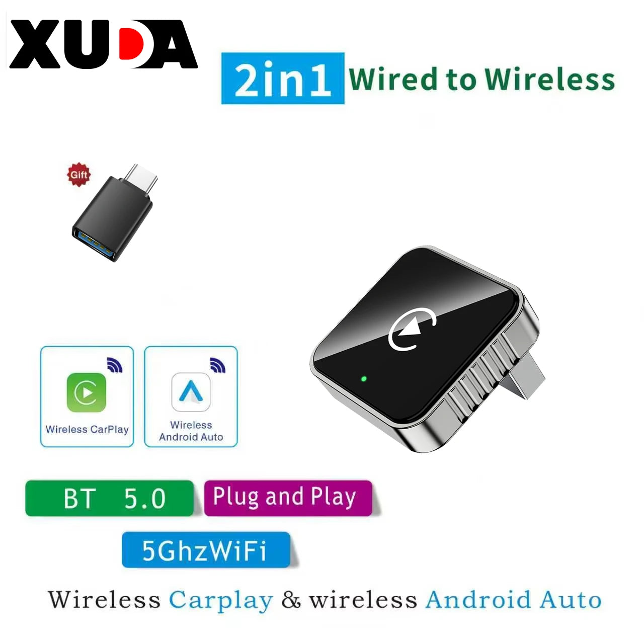 XUDA 2 in 1 Wired to Wireless CarPlay Android Auto Adapter for OEM Car Stereo With USB Dongle Mini Box Plug and Play Bluetooth - Acros