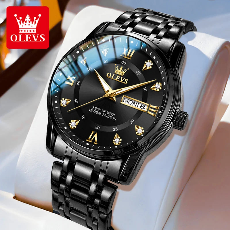 OLEVS Man Watches Original Waterproof Luminous Quartz Watch Week Date Watches For Man Gifts Box Steel Strap 5513 - Acros