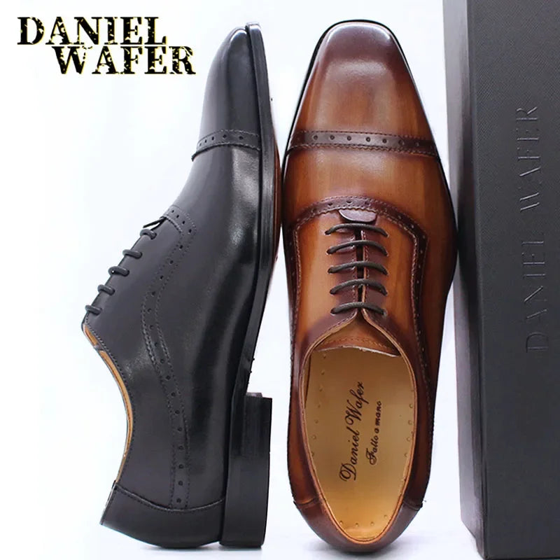 Black and brown genuine leather men's Oxford shoes with brogue detailing, cap toe, lace-up design, suitable for formal and wedding wear.