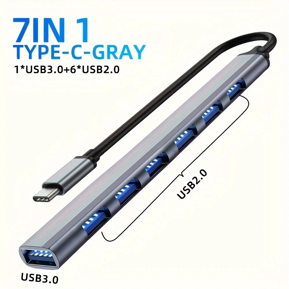 USB C Hub USB Hub 3.0, Aluminum 7 in 1 USB Extender, USB Splitter with USB 3.0, 4 X USB 2.0 and 2 USB C Ports USB Distributor - Acros
