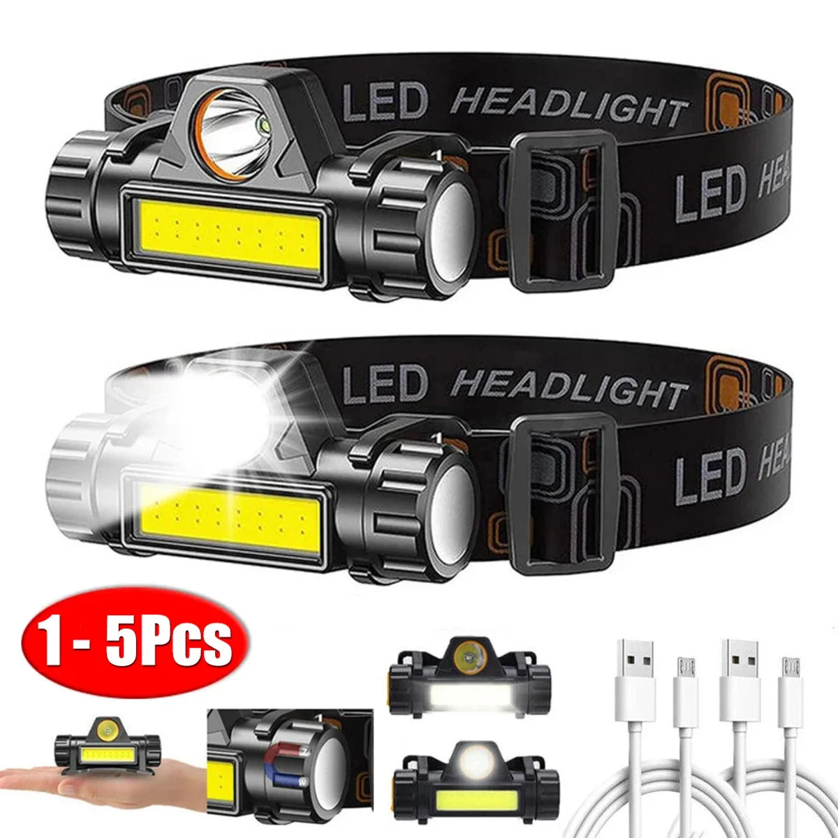 1-5PCS Rechargeable COB LED Headlamp Strong Magnetic Powerful Headlight Super Bright Waterproof Head Torch For Outdoor Fishing - Acros