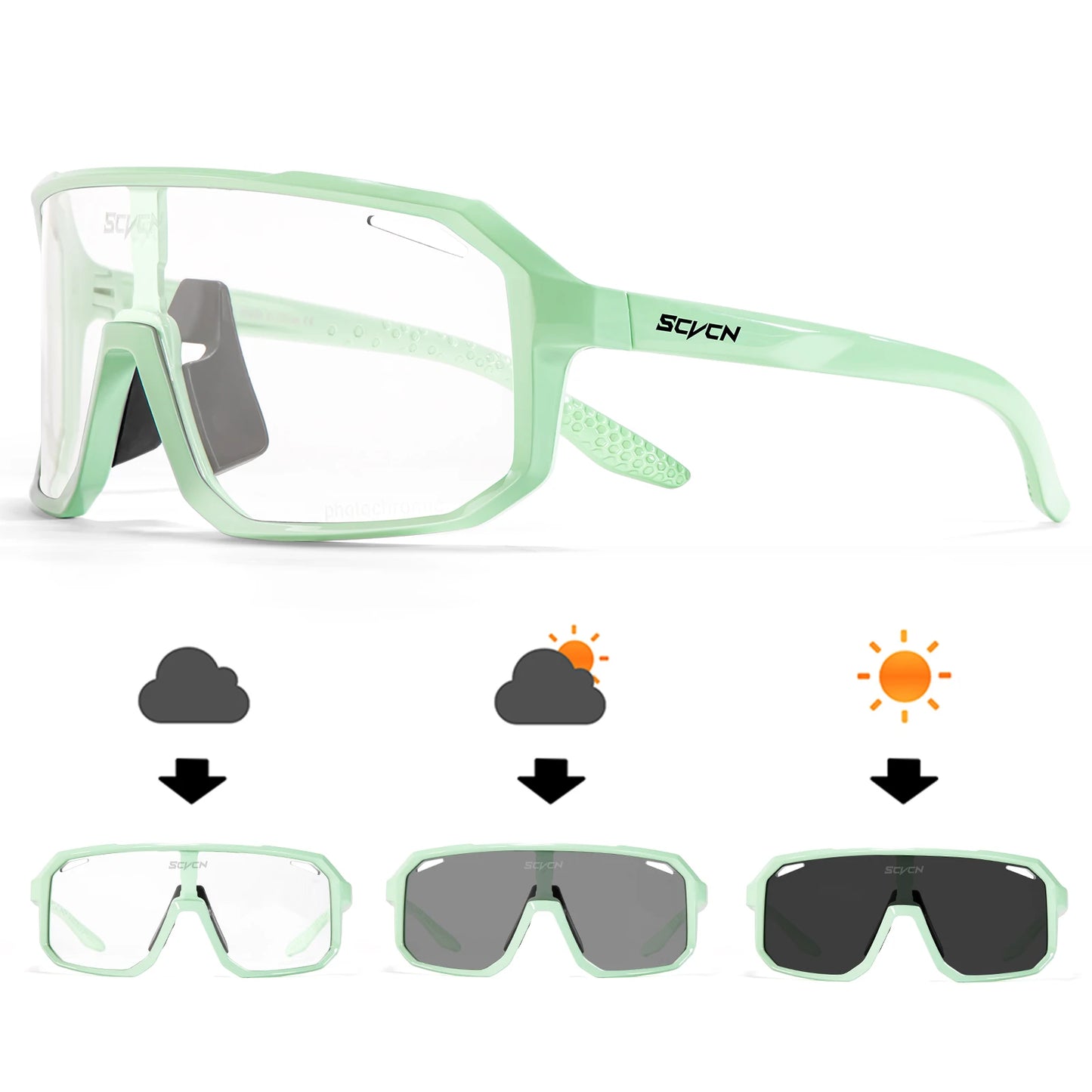 Ansoff photochromic cycling glasses for men and women, mountain bike and outdoor sports eyewear with adjustable fit and clear to tinted lenses.