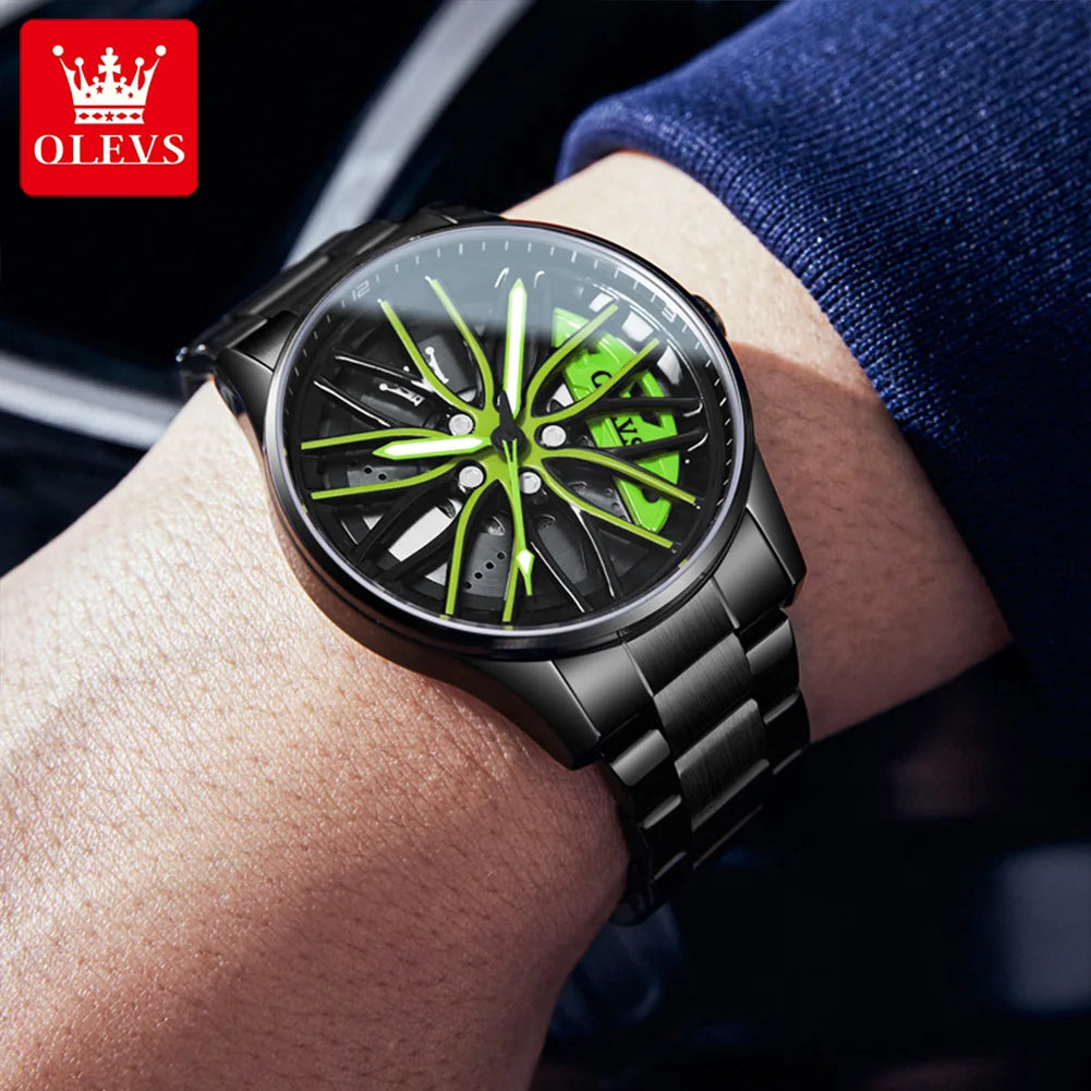 OLEVS Men Watches Rotatable Wheel Hub Dial Fashion Trend Original Quartz Wristwatch Waterproof Stainless Steel Luminous No.9937 - Acros