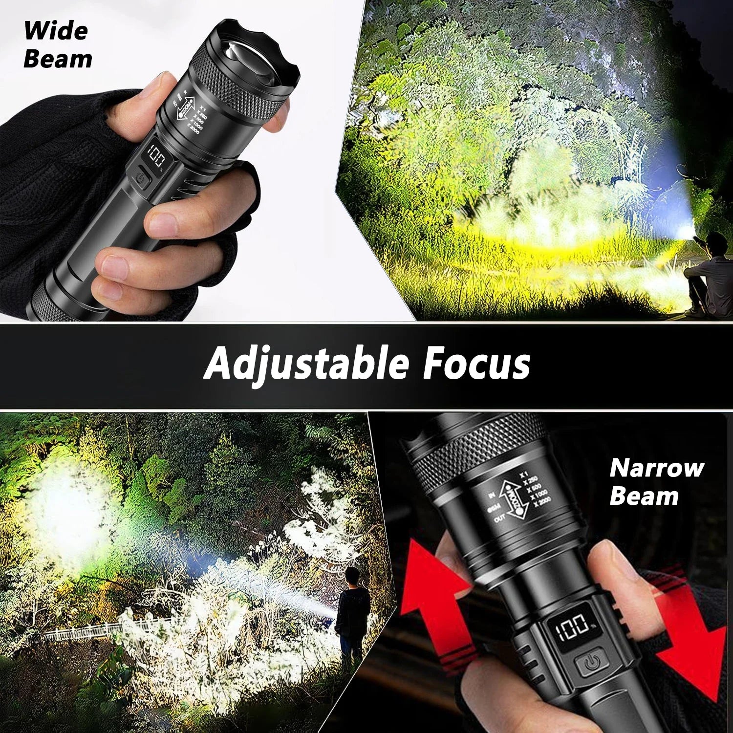 Rechargeable LED Flashlight Zoomable Torch with LCD Display 3 Modes Waterproof High Power Hand Light Outdoor Wilderness Camping - Acros