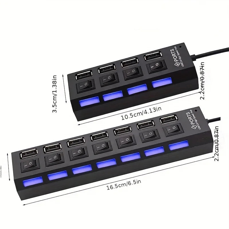 High Speed 4/7 Ports USB HUB 2.0 Adapter Expander Multi USB Splitter Multiple Extender with LED Lamp Switch for PC Laptop - Acros