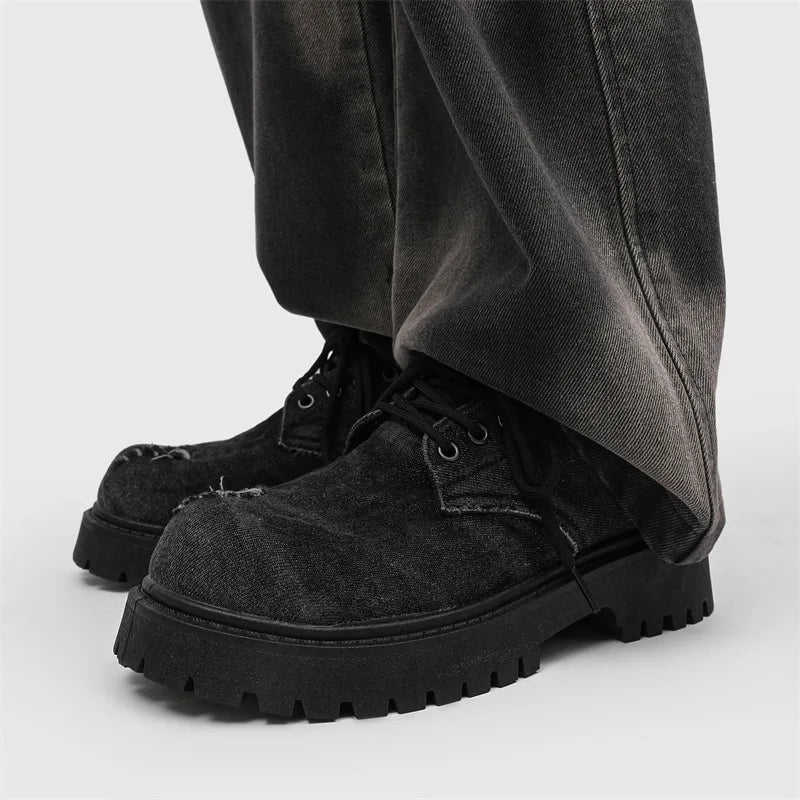 Men's distressed denim derby shoes by Ansoff featuring chunky grunge platform soles and avant-garde streetwear style.