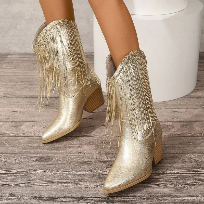 Shoes for Women 2023 Fringed Sequin Design Fashion Women's Boots Comfortable Square Heel Modern Boots New Gold Platform Boots - Acros