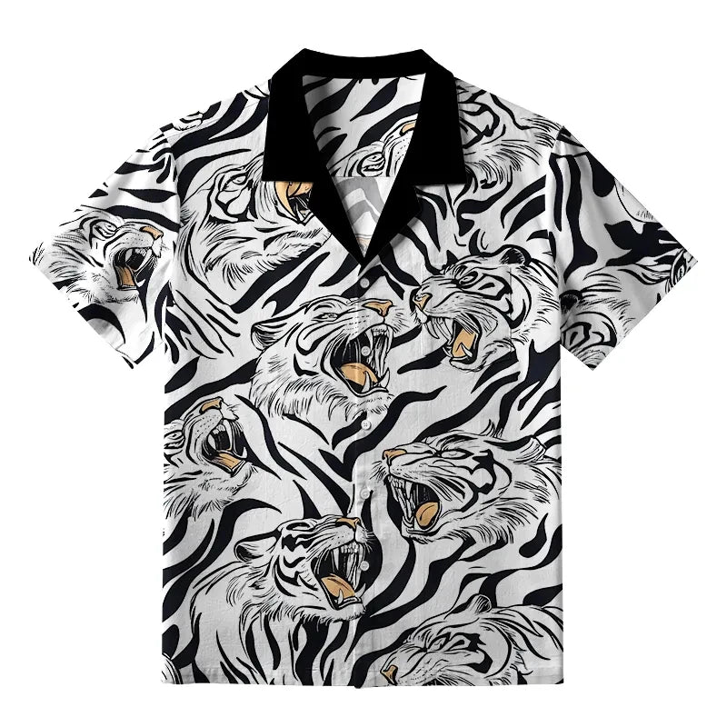 Ansoff men's Hawaiian shirt with tiger print, casual loose fit, breathable fabric, button-up beach fashion top.