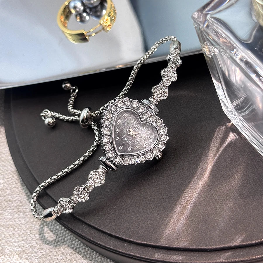 New Fashion Heart-shaped Ribbon-Strap Diamond-Studded Flower Watch for Women with Adjustable Bracelet - Acros