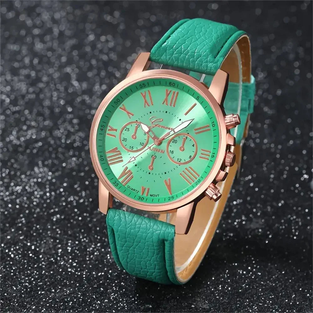 5PCS Women's Watches Fashion Roma Dial Leather Band Quartz Watch (Without Box) - Acros