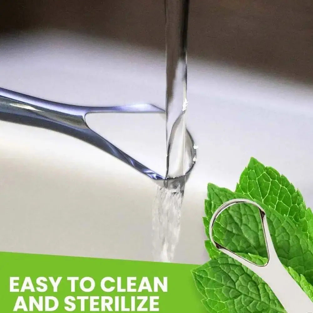 Ansoff stainless steel tongue scraper with single layer design for fresh breath and oral hygiene, shown on white background.