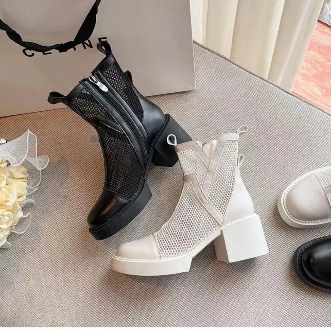 Ansoff women's breathable mesh sandals with round toe, thick heel, and solid color design for stylish comfort and fashion.