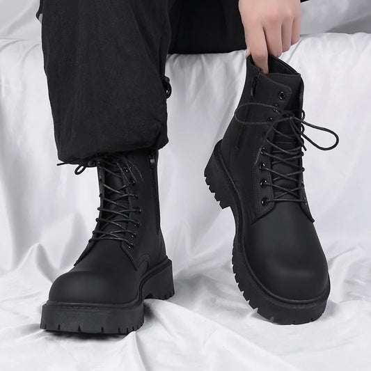 Ansoff men's black leather high top platform motorcycle boots with lace-up design, waterproof casual style, British-inspired fashion.