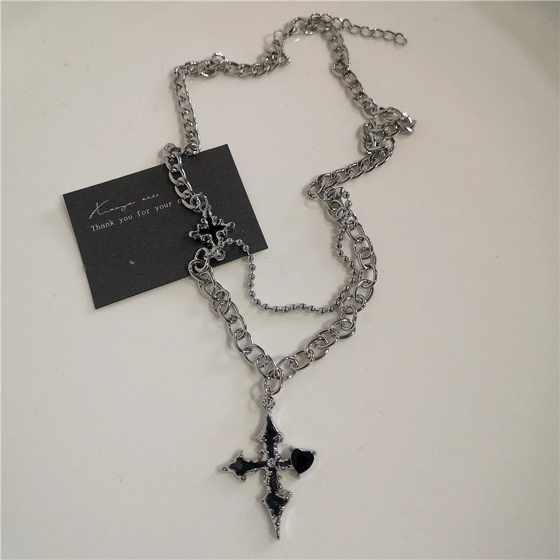 Punk Rock Black Heart Cross Pendant Chain Necklace For Men Women Cool Hip Hop Street Vintage 90s Y2K Grunge Goth Accessories - Acros