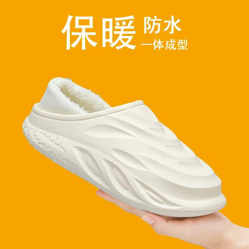 Ansoff men's and women's waterproof velvet slippers with non-slip wear-resistant soles, warm home footwear for comfort.