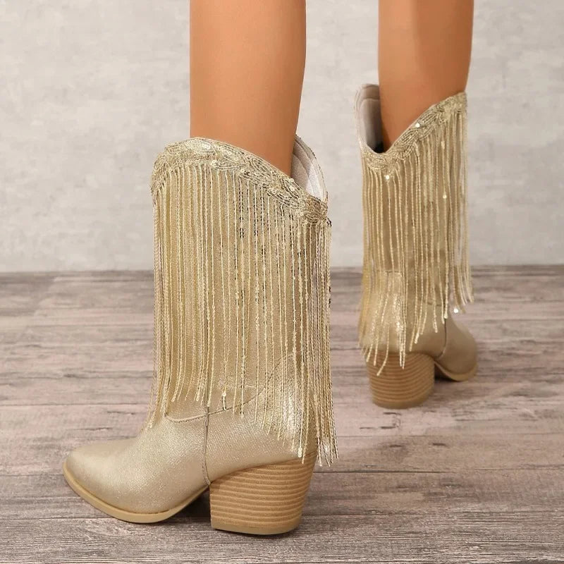 Shoes for Women 2023 Fringed Sequin Design Fashion Women's Boots Comfortable Square Heel Modern Boots New Gold Platform Boots - Acros