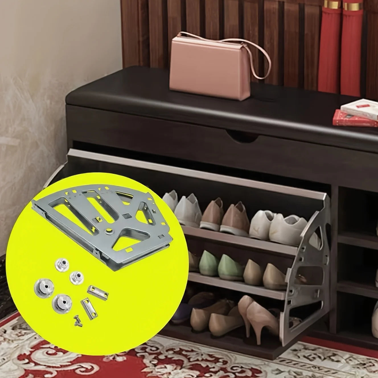 Ansoff 3-tier shoe rack connector with thick iron frame and hidden foldable shelf for organized shoe storage.